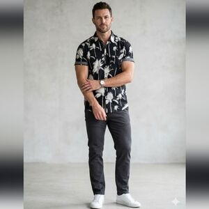 DISTORTION MEN'S MODERN Black Cotton Palm Leaf Tropic Print Hawaiian Shirt Top